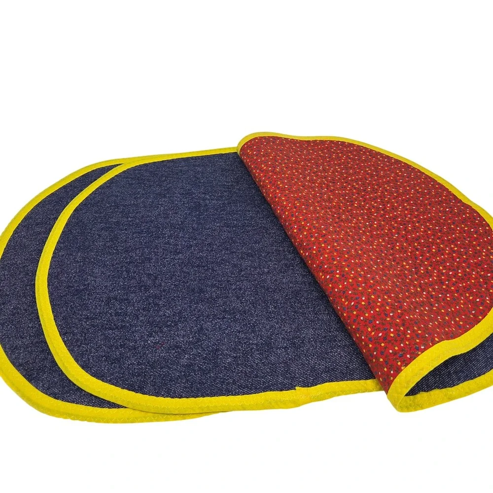Handmade Vintage Reversible Oval Placemats Set of 4 Red Calico Floral Blue Denim